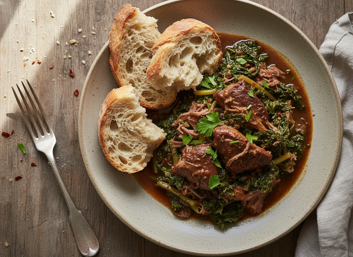 Bread with Stewed Greens and Meat photo
