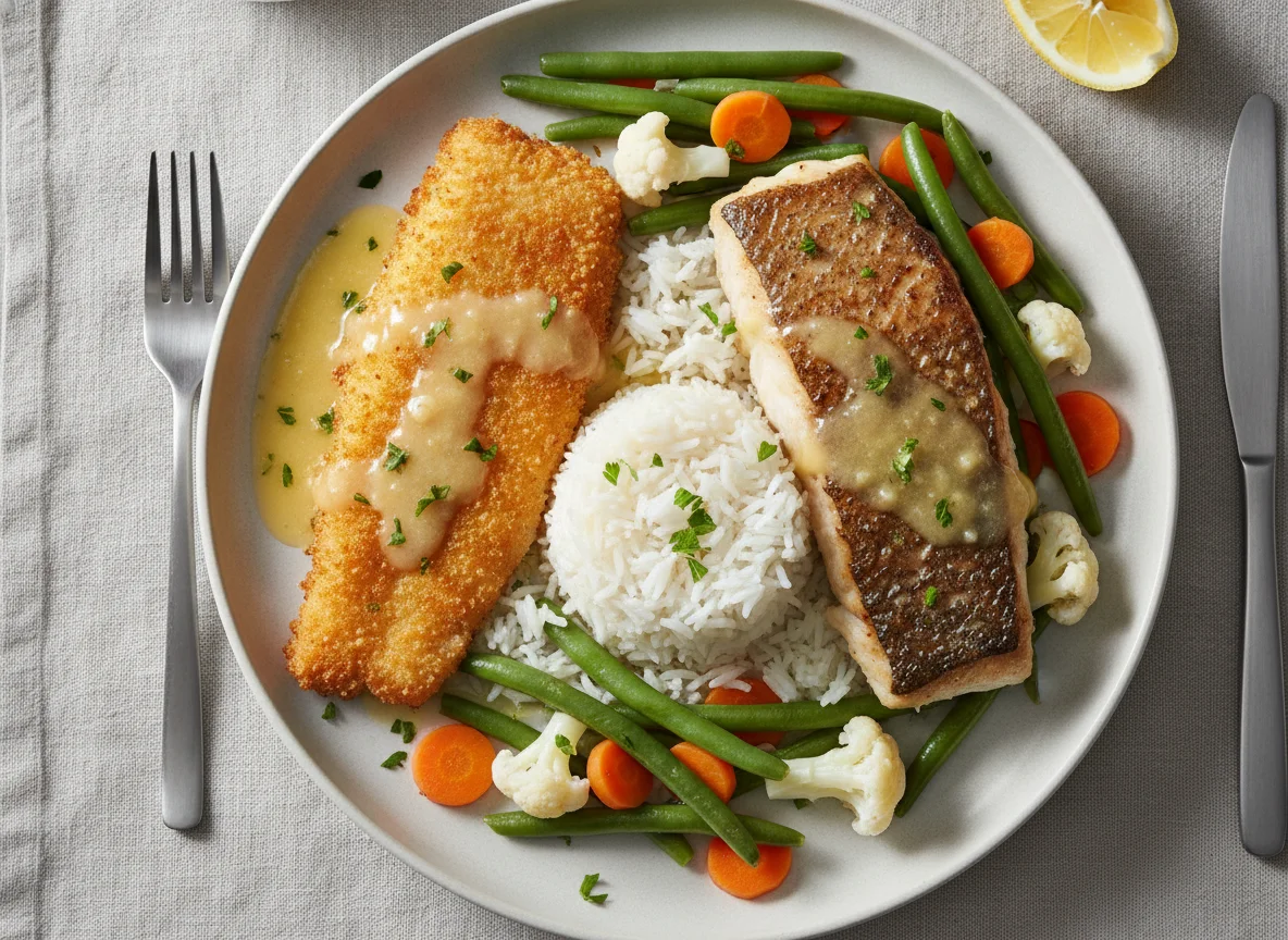 Breaded and Pan-Seared Fish with Rice and Vegetables photo