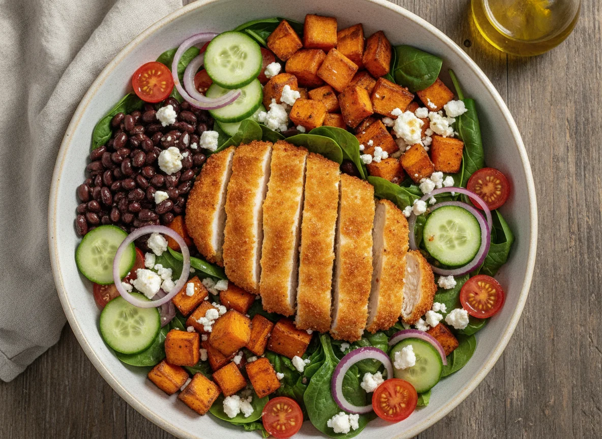 Breaded chicken and black bean salad bowl photo