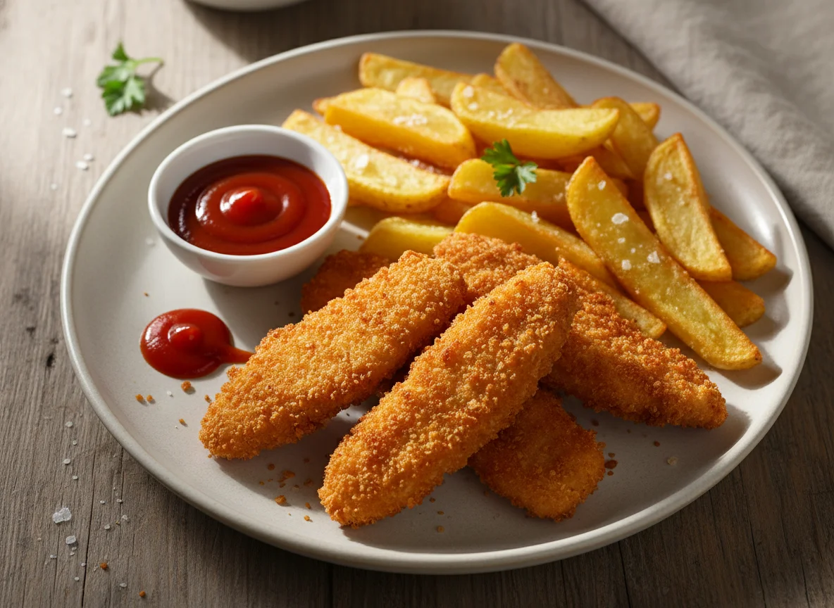 Breaded Chicken and Chips with Ketchup photo