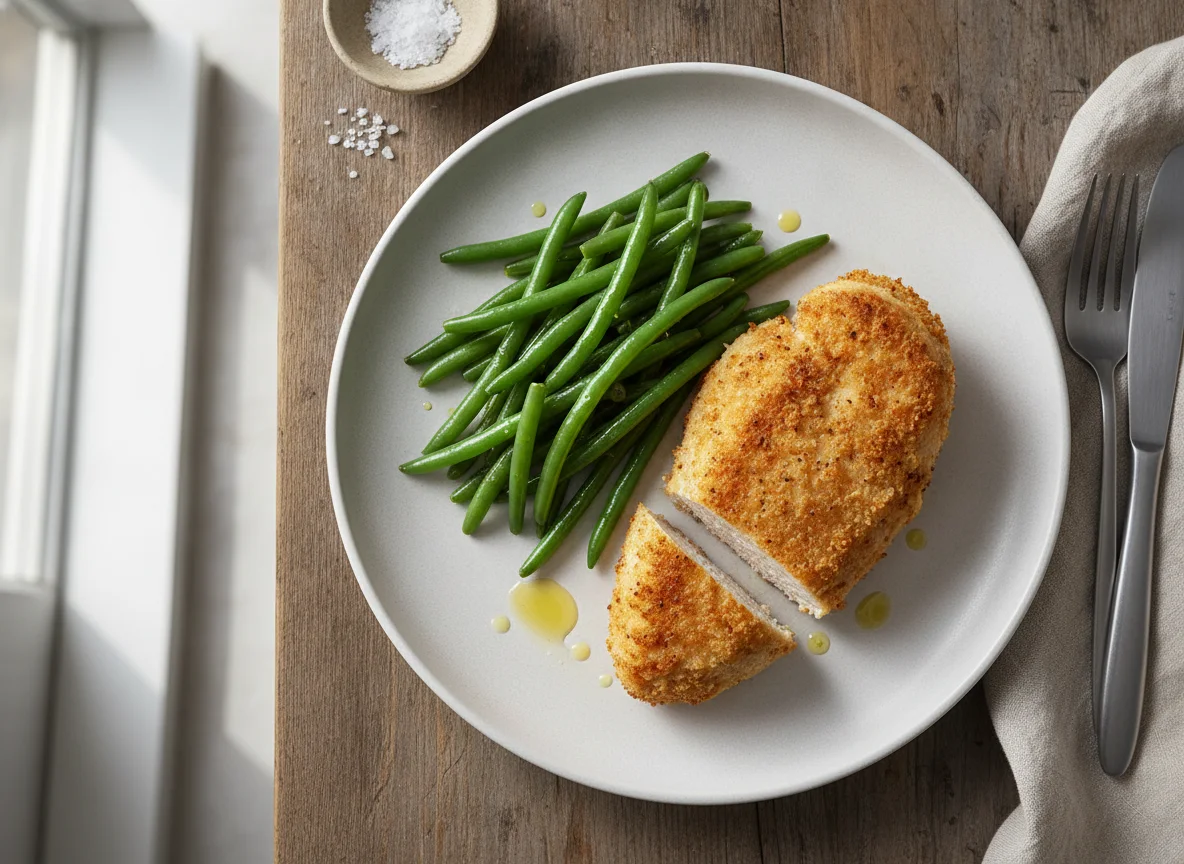 Breaded Chicken Breast with Green Beans photo
