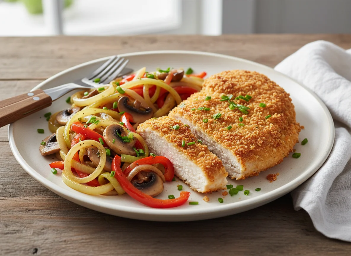 Breaded Chicken Breast with Sautéed Vegetables photo