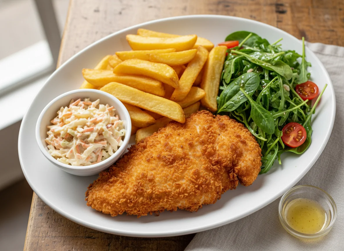 Breaded Chicken, Chips, Coleslaw and Salad photo