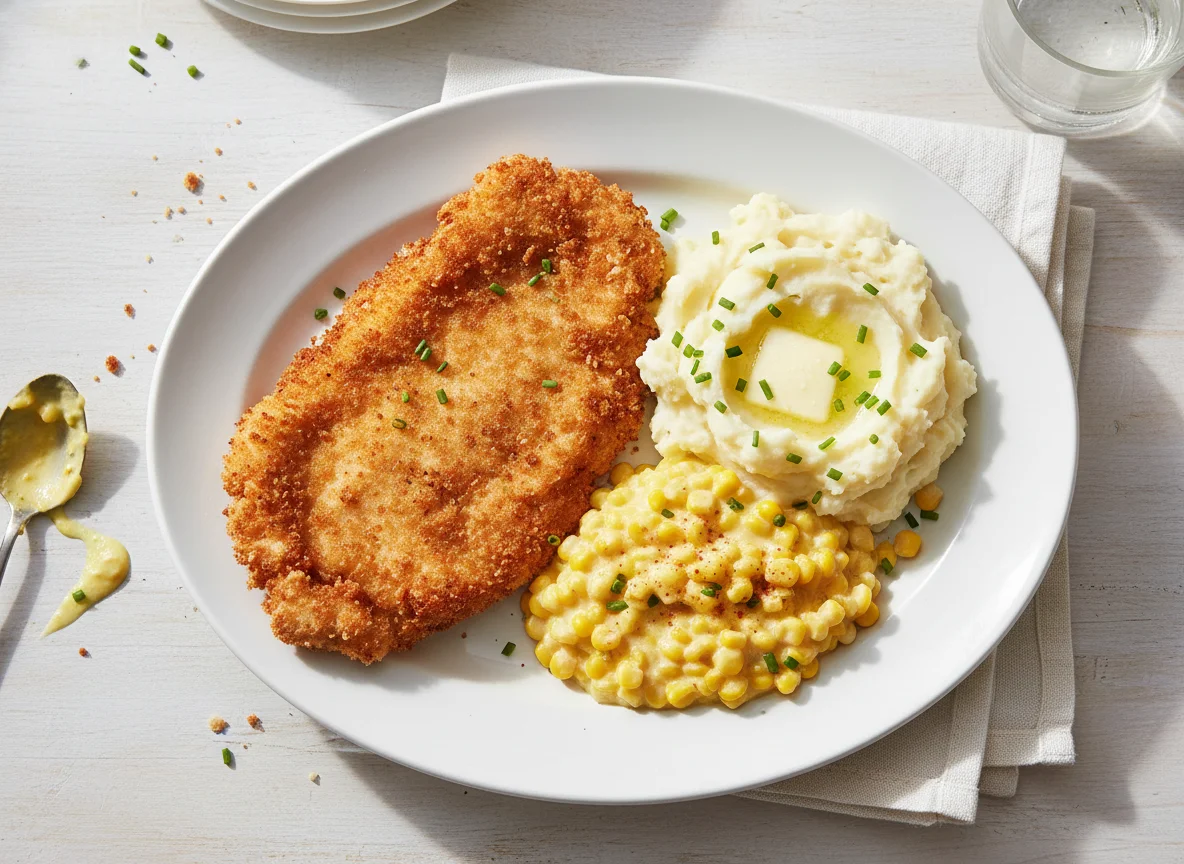 Breaded Chicken Cutlet with Mashed Potatoes and Creamed Corn photo