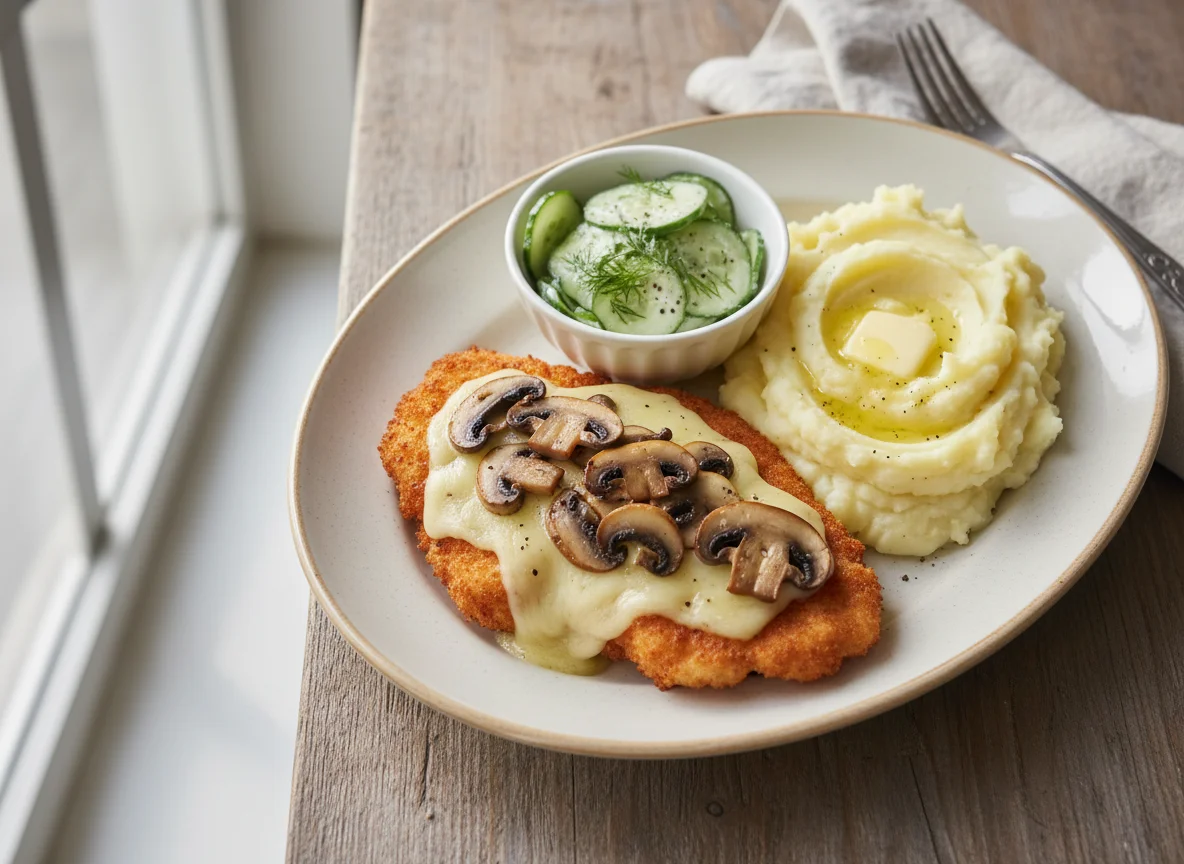 Breaded Chicken Cutlet with Mashed Potatoes and Cucumber Salad photo