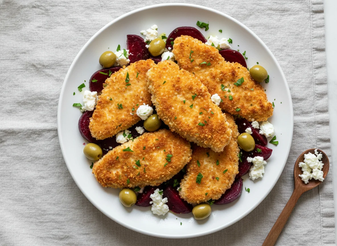 Breaded Chicken Cutlets with Beetroot, Feta, and Olives photo