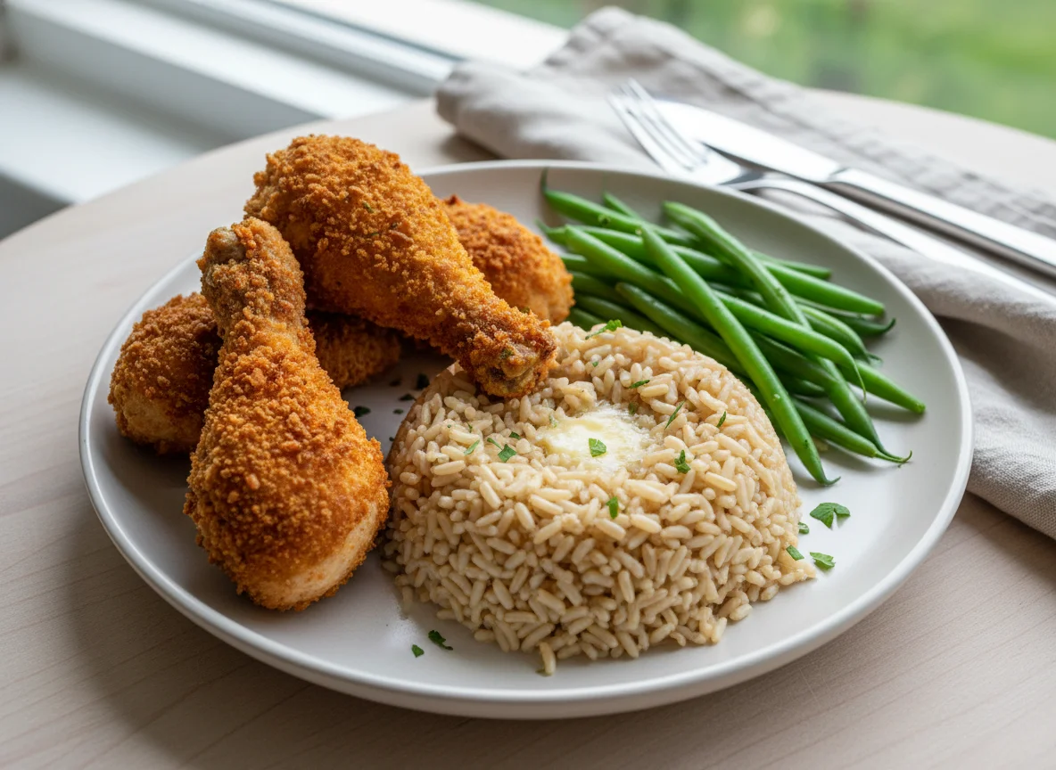 Breaded Chicken Drumsticks with Brown Rice and Green Beans photo