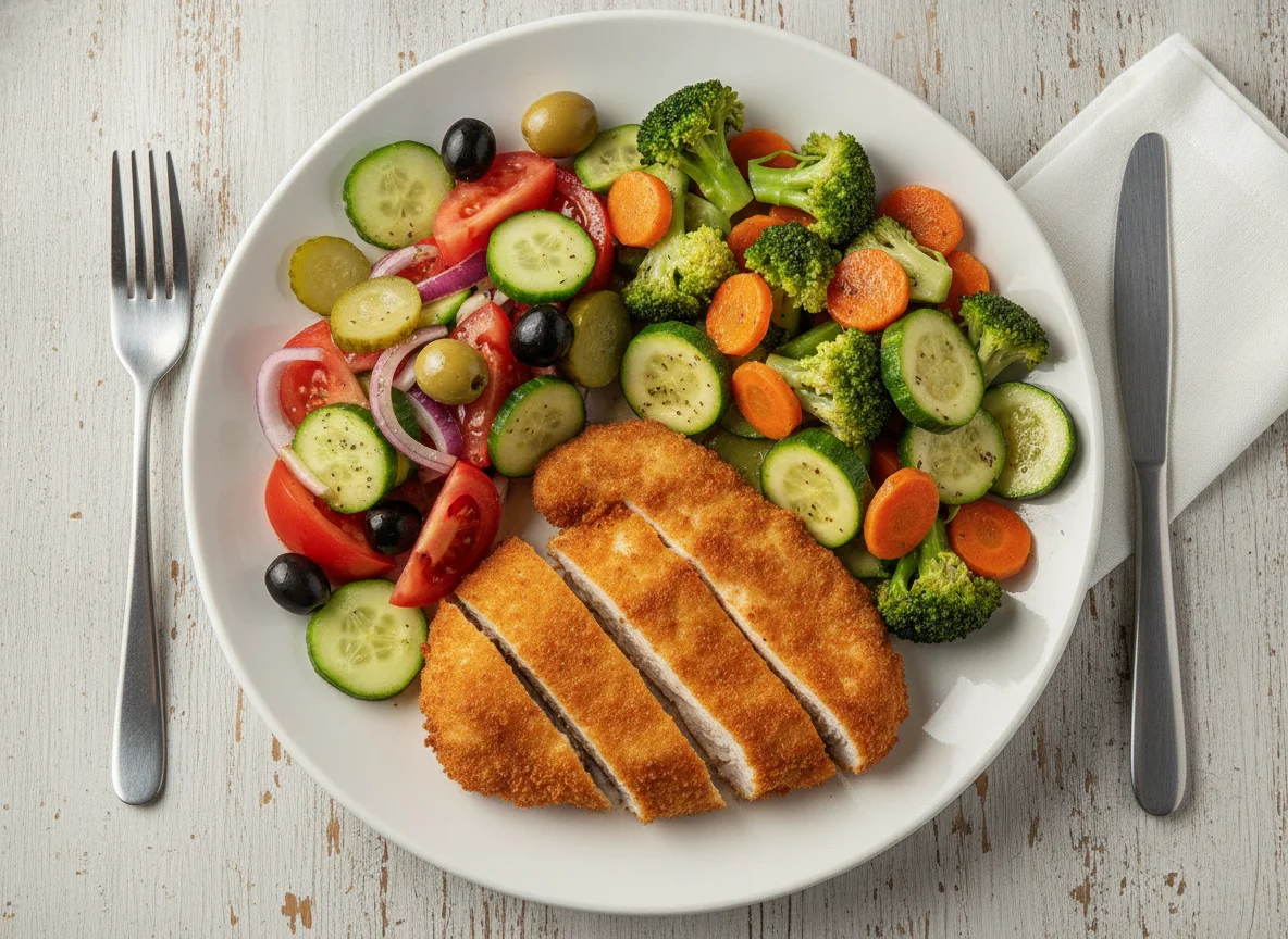 Breaded chicken fillet with steamed vegetables and Greek salad photo