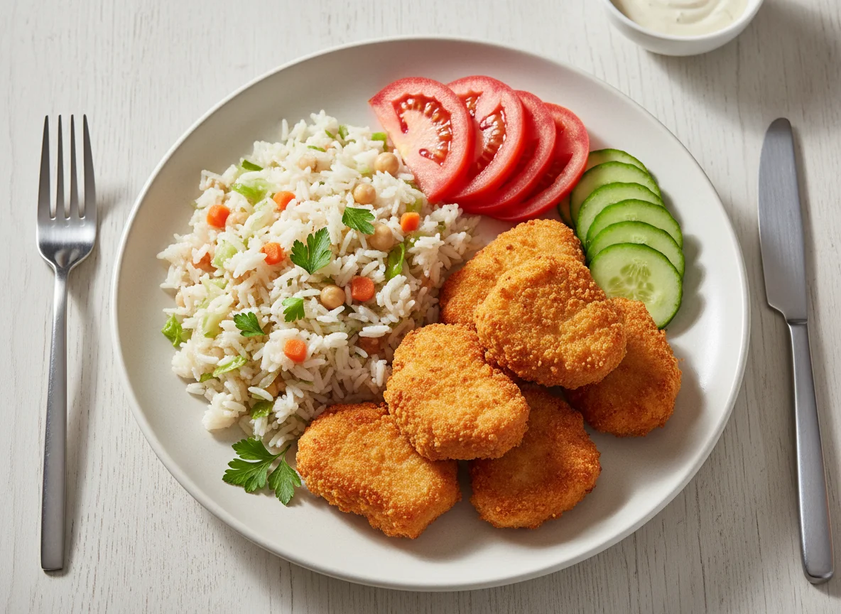 Breaded Chicken Nuggets with Rice and Vegetables photo