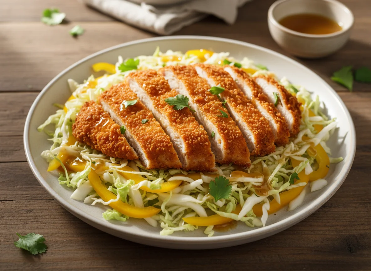 Breaded chicken salad with peppers and cabbage photo