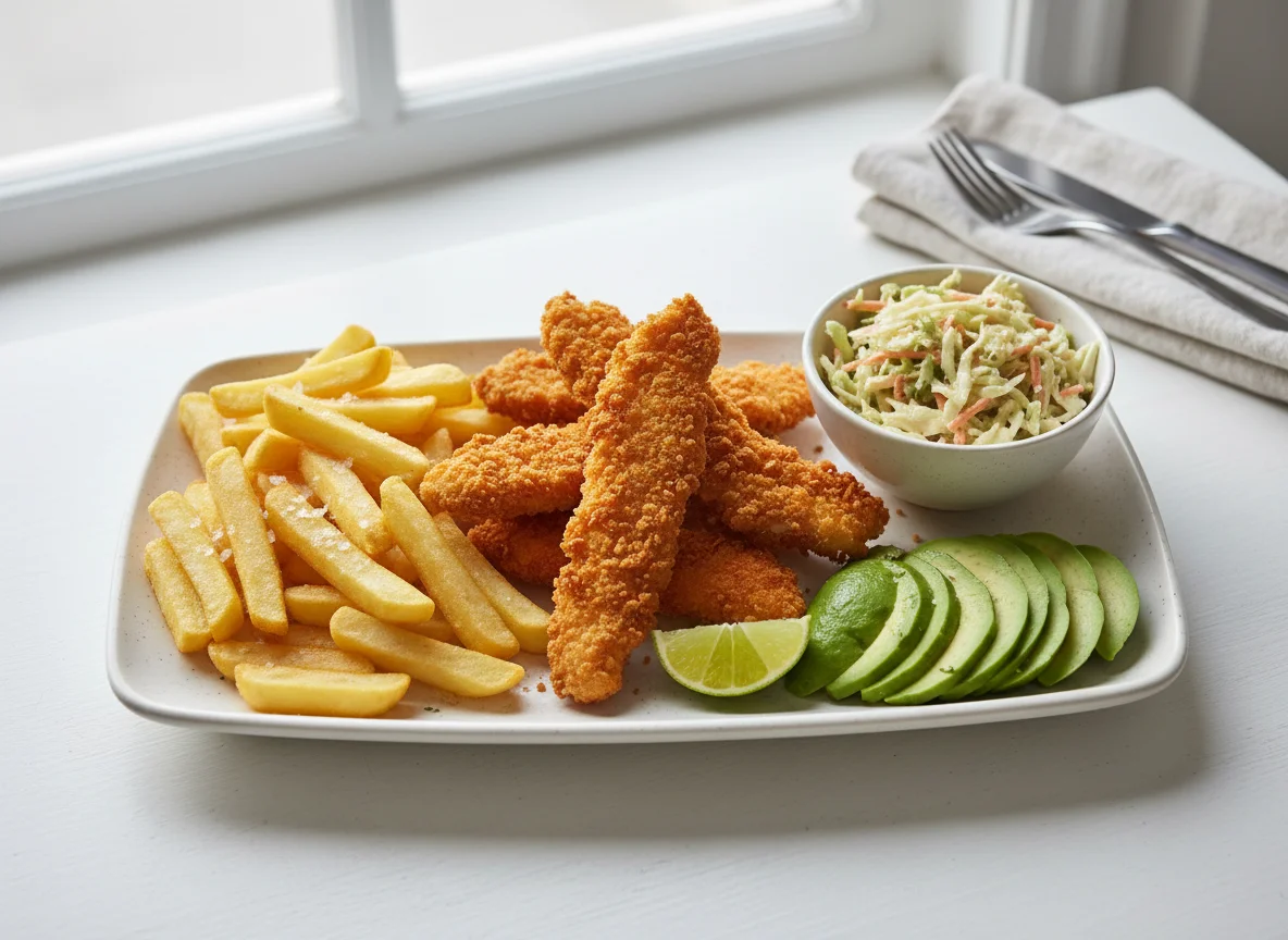Breaded Chicken Strips with Fries, Coleslaw and Avocado photo