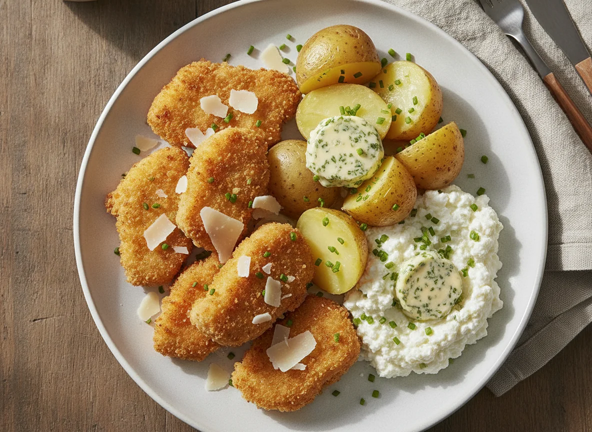 Breaded Chicken with Boiled Potatoes and Cottage Cheese photo