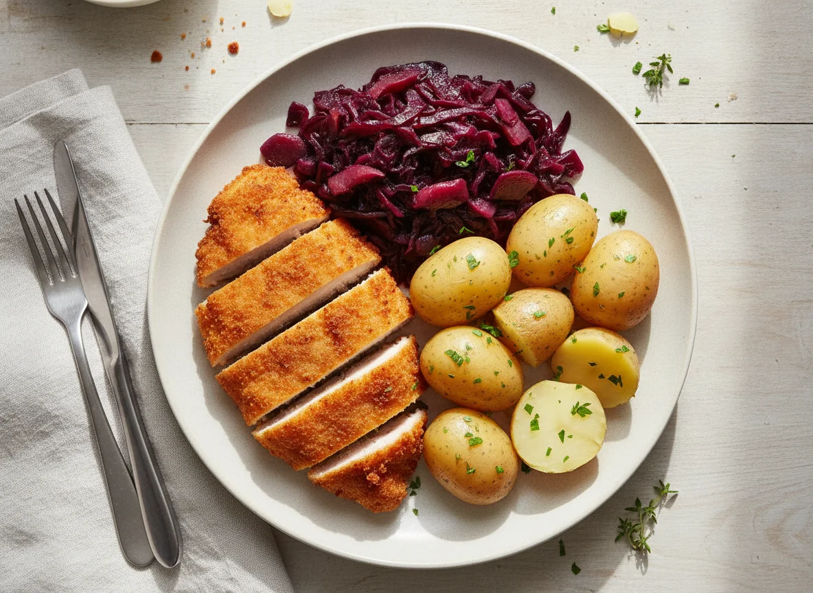 Breaded Chicken with Boiled Potatoes and Red Cabbage photo