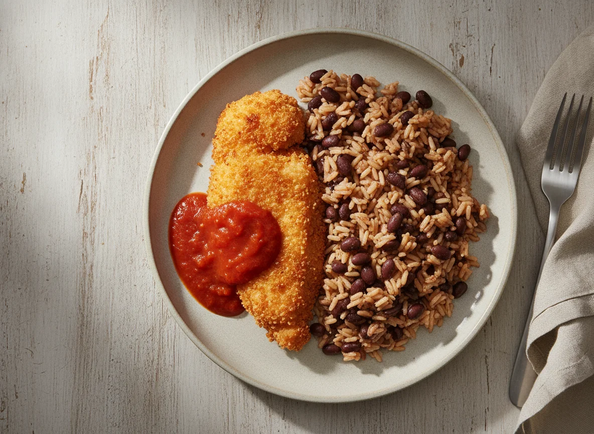 Breaded chicken with brown rice and black beans photo