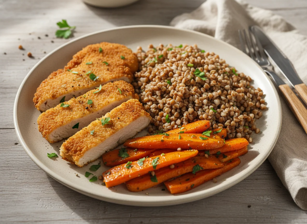 Breaded Chicken with Buckwheat and Carrots photo