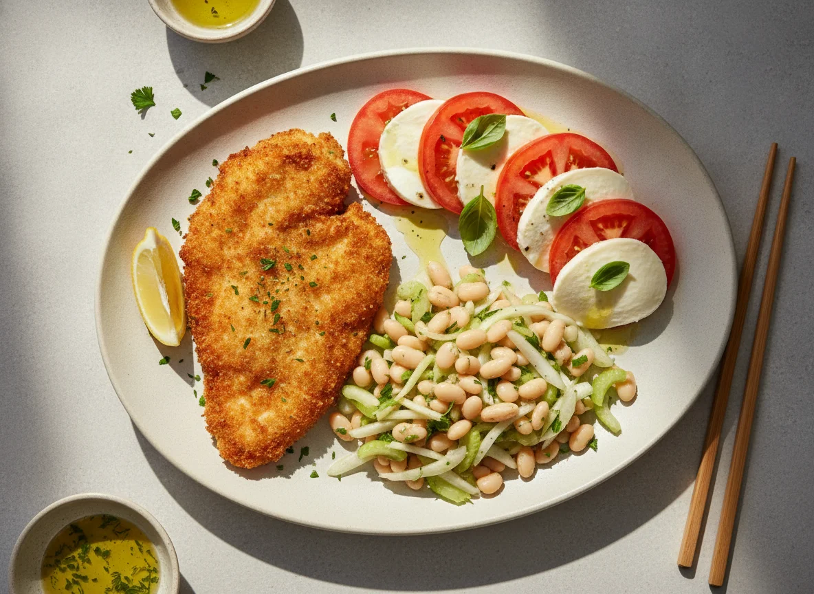 Breaded Chicken with Caprese Salad and White Bean Fennel Slaw photo