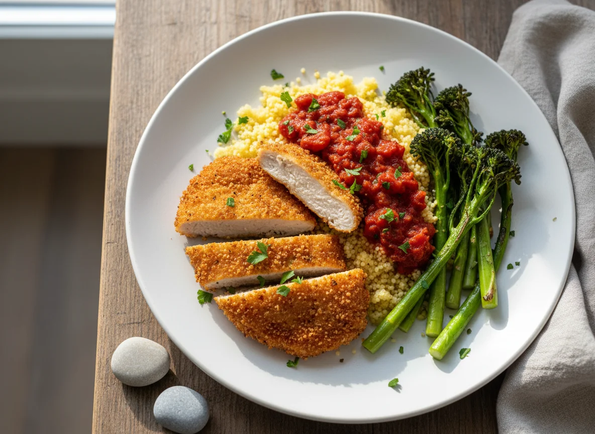 Breaded Chicken with Couscous, Tomato Sauce and Tenderstem Broccoli photo