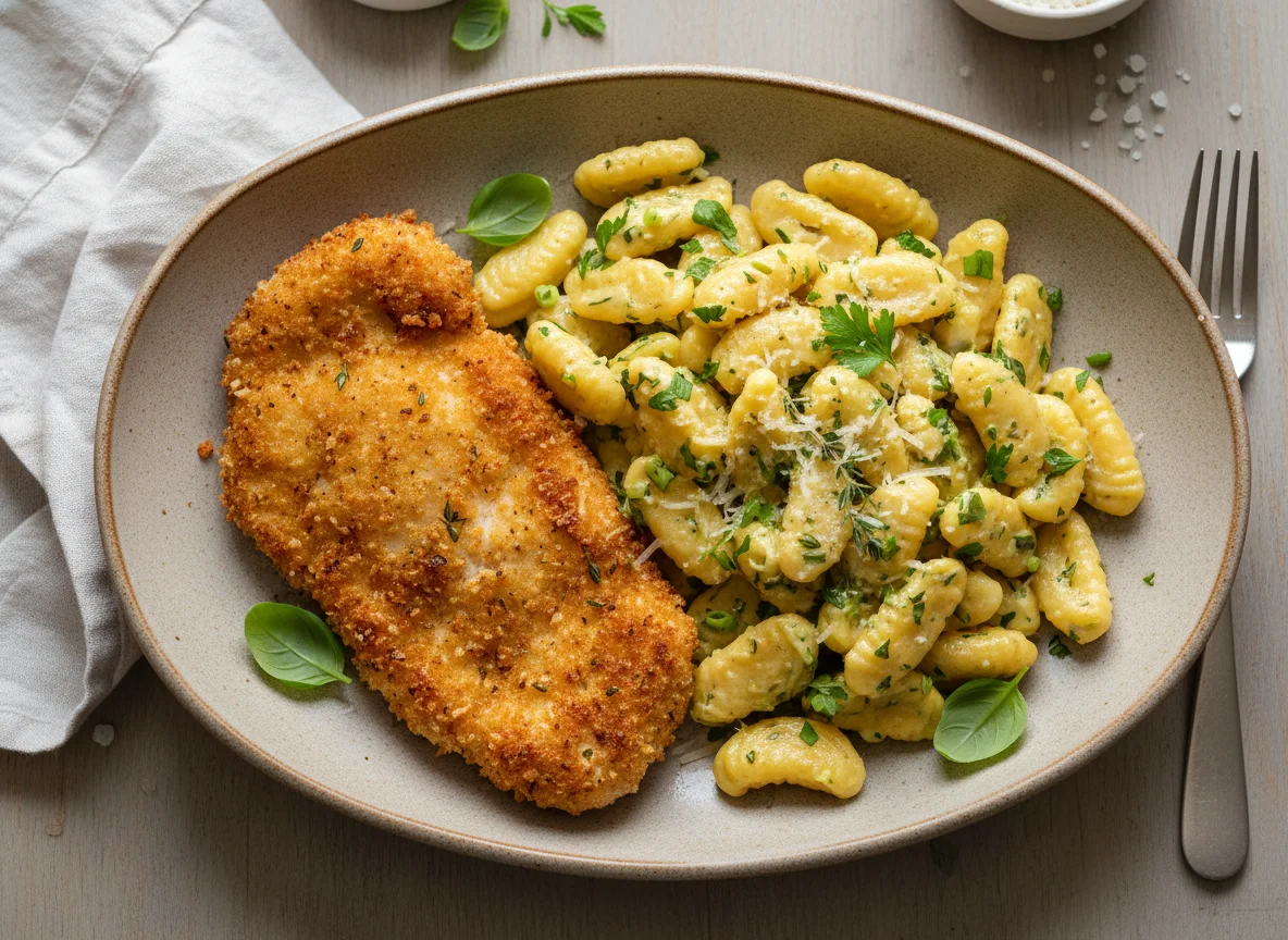 Breaded Chicken with Creamy Pasta photo