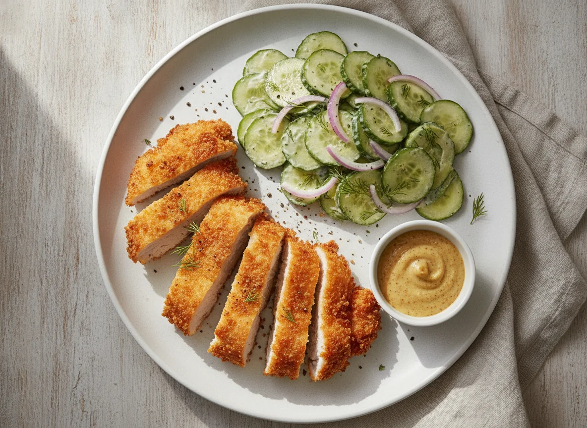 Breaded chicken with cucumber salad photo