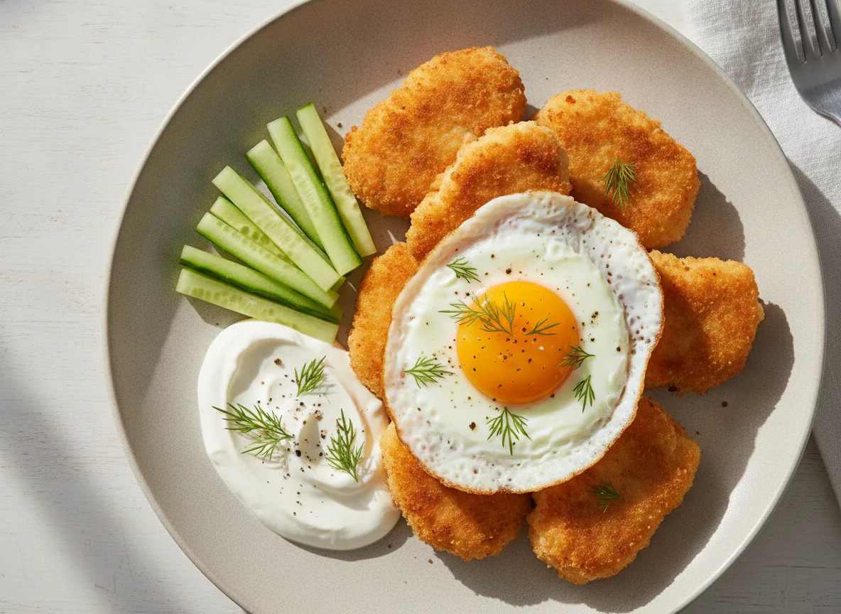 Breaded chicken with fried egg, cucumber, and sour cream photo