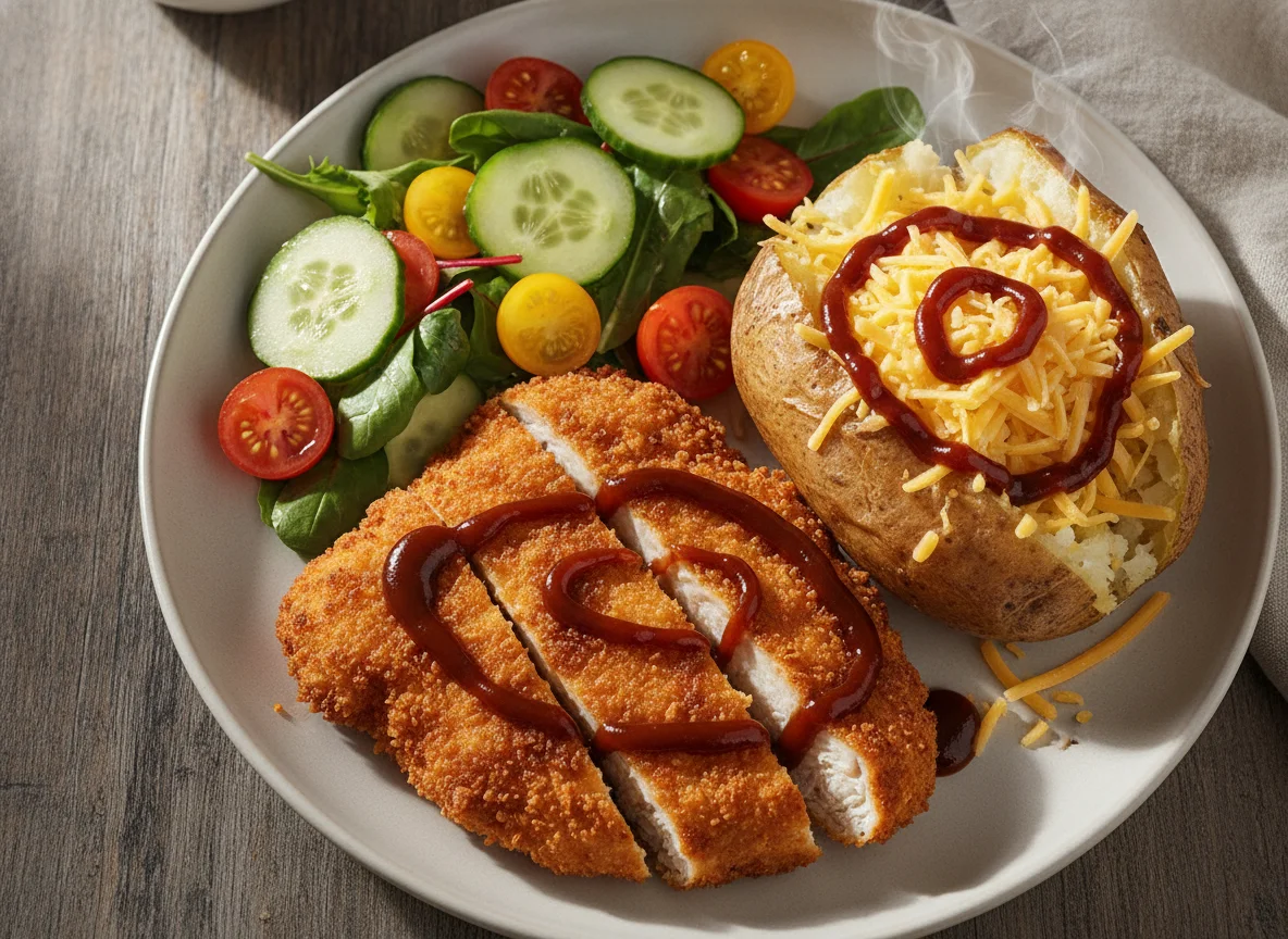 Breaded chicken with jacket potato and salad photo