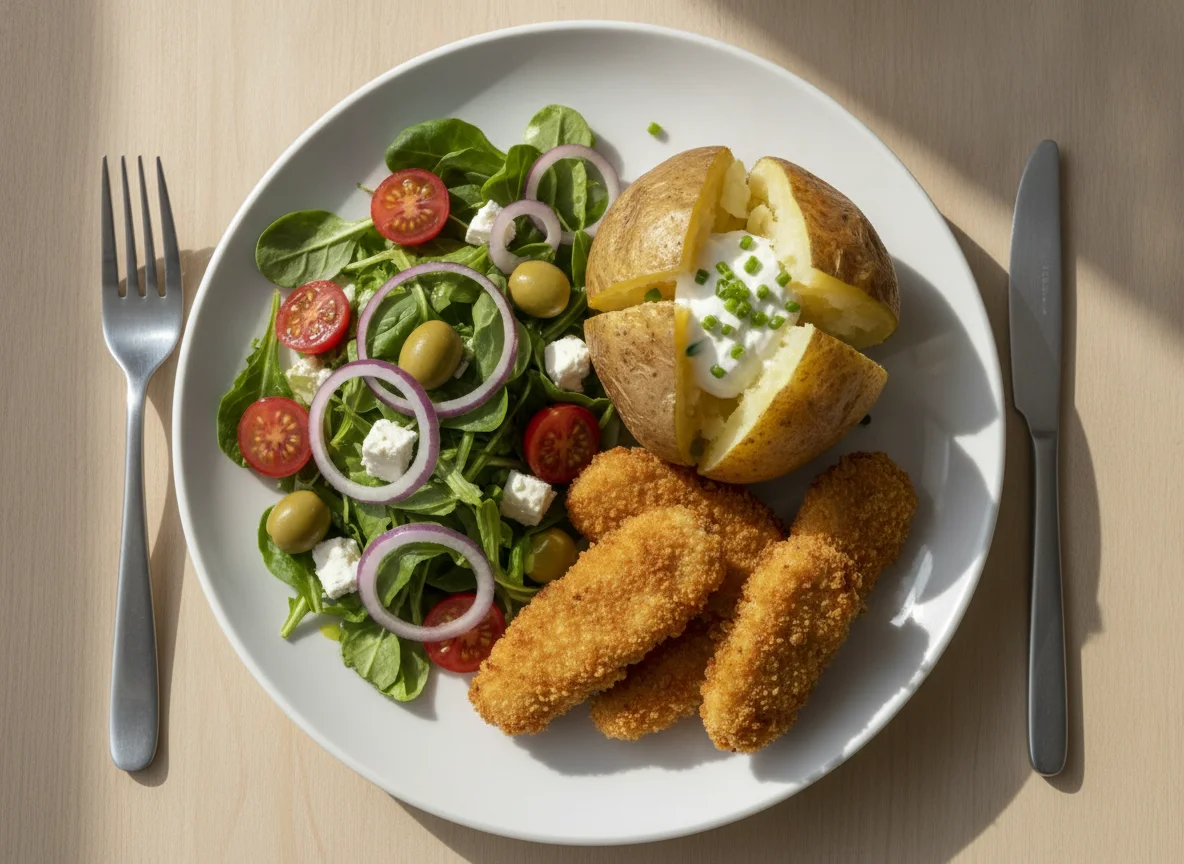 Breaded chicken with jacket potato and side salad photo