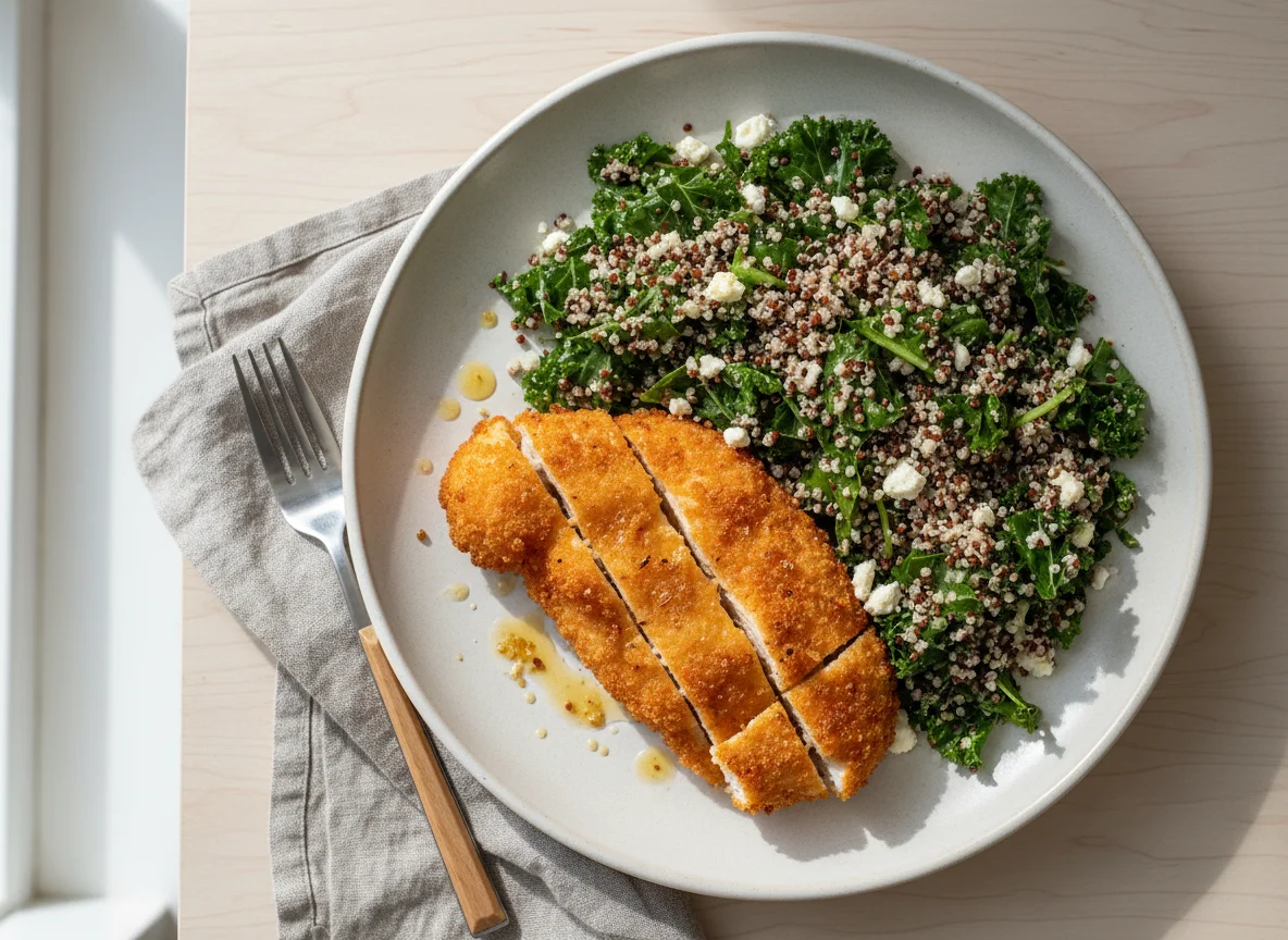 Breaded Chicken with Kale and Quinoa Salad photo