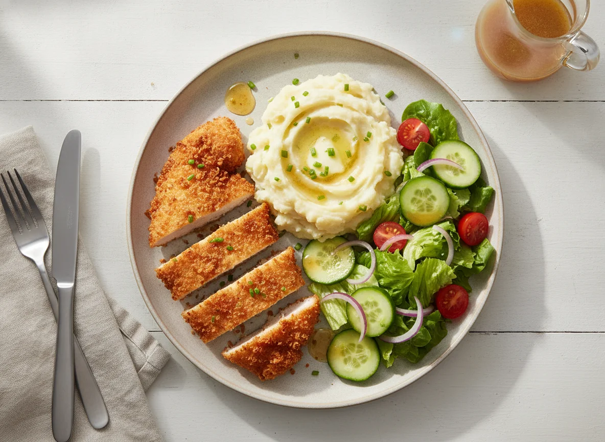 Breaded Chicken with Mashed Potatoes and Garden Salad photo