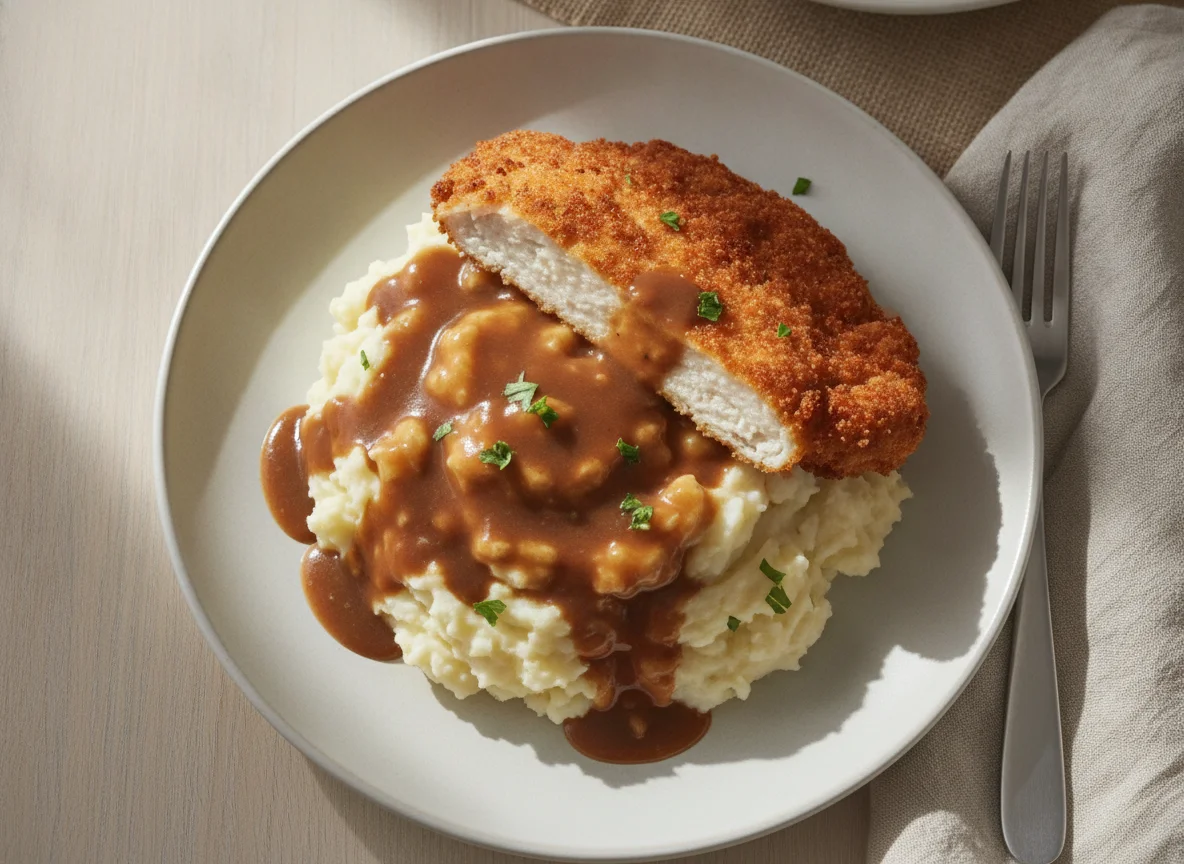 Breaded Chicken with Mashed Potatoes and Gravy photo