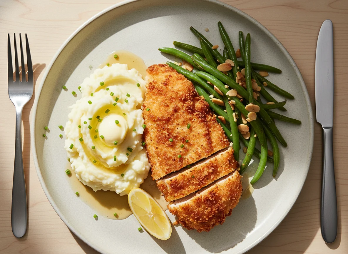 Breaded Chicken with Mashed Potatoes and Green Beans photo