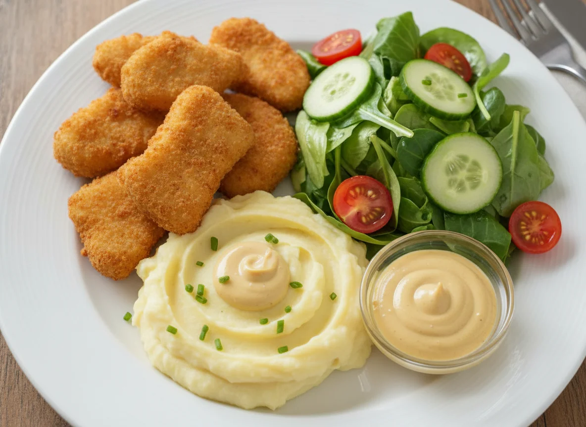 Breaded Chicken with Mashed Potatoes and Salad photo