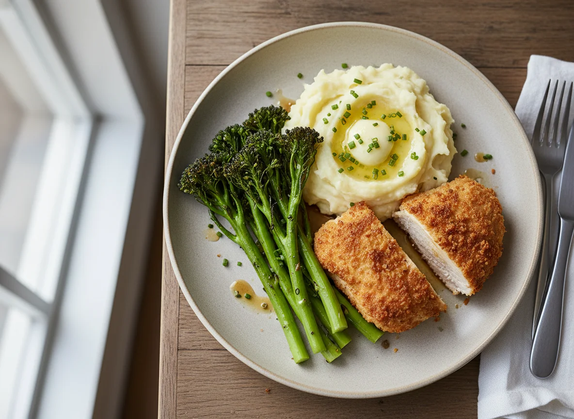 Breaded Chicken with Mashed Potatoes and Tenderstem Broccoli photo