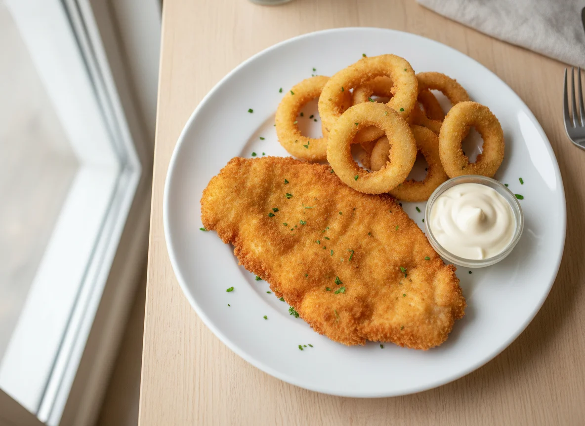 Breaded Chicken with Onion Rings and Mayonnaise photo