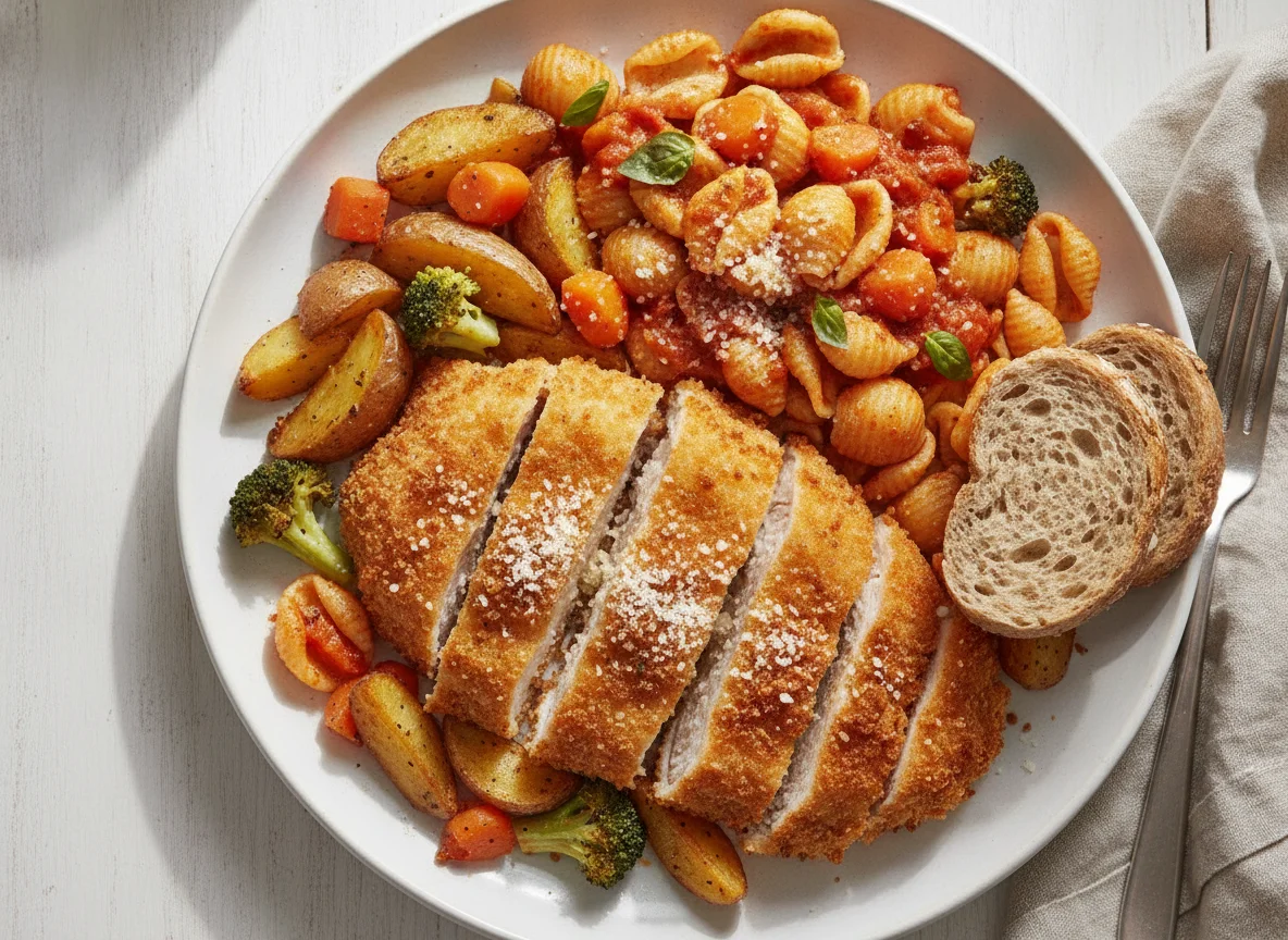 Breaded chicken with orecchiette pasta and roasted vegetables photo