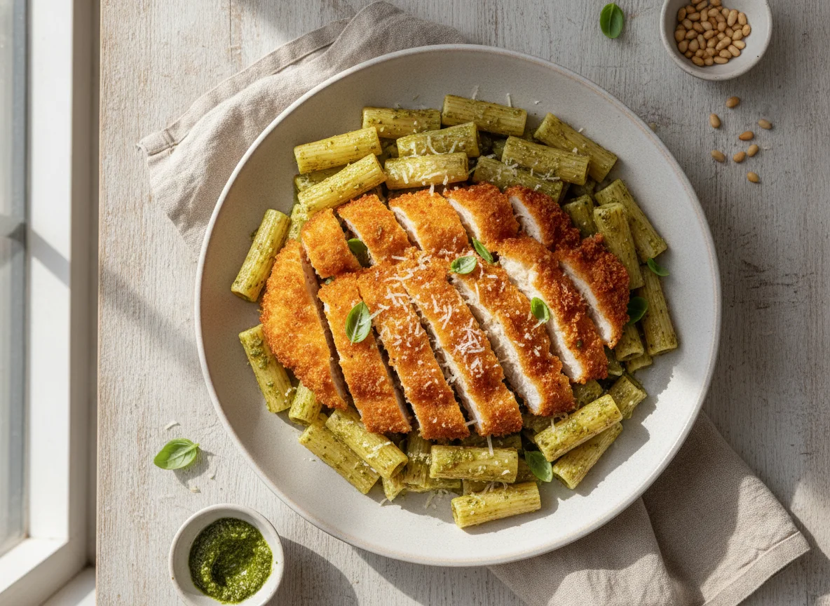 Breaded chicken with pesto pasta photo