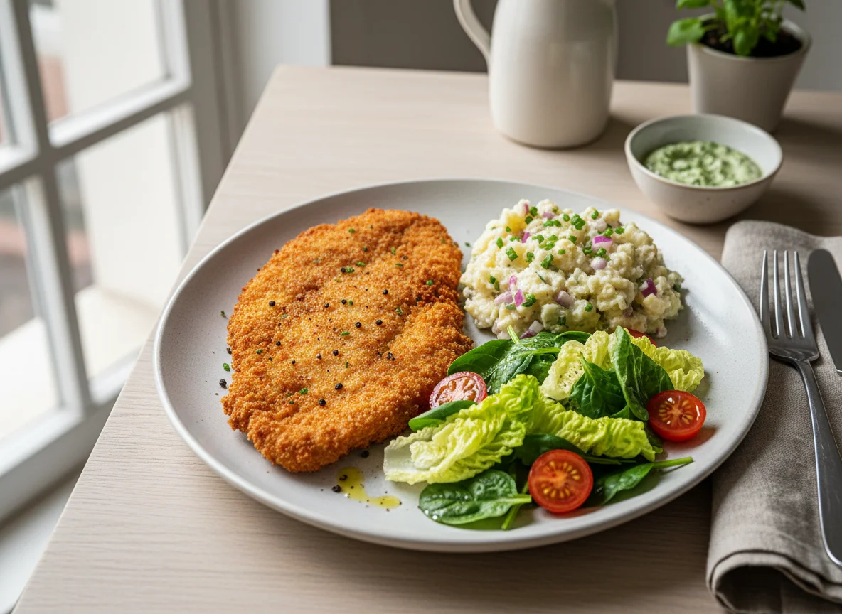 Breaded Chicken with Potato Salad and Mixed Greens photo