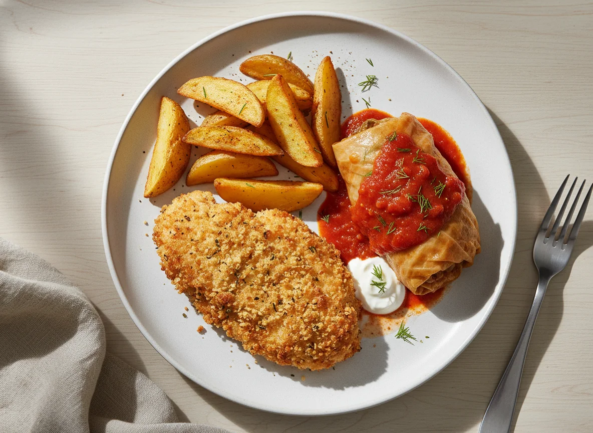 Breaded Chicken with Potato Wedges and Cabbage Roll photo