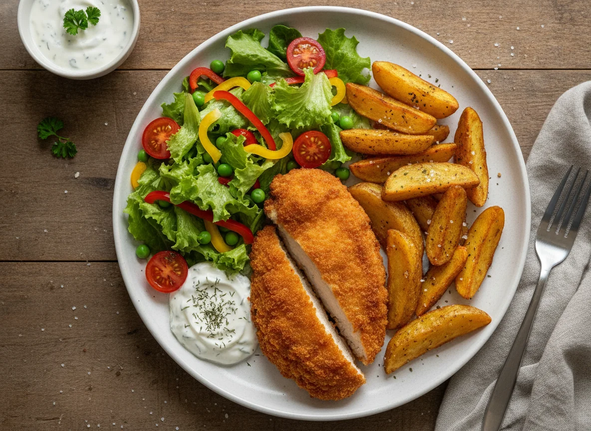 Breaded chicken with potato wedges and salad photo