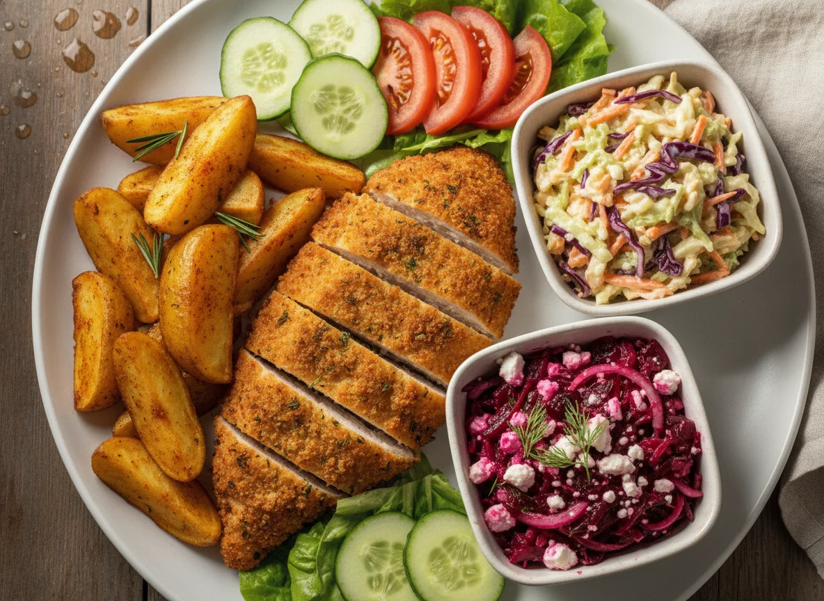 Breaded chicken with potato wedges, coleslaw, and beetroot salad photo