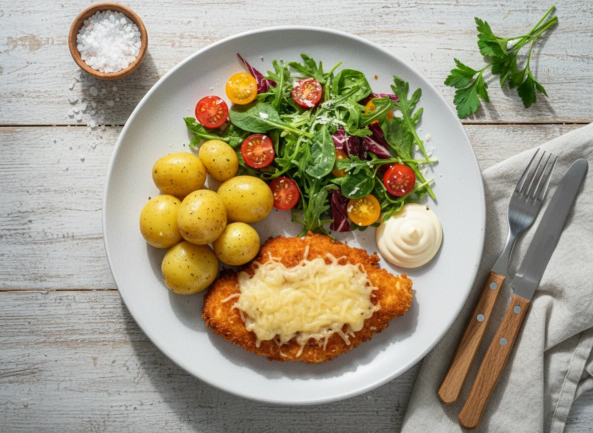 Breaded Chicken with Potatoes and Salad photo