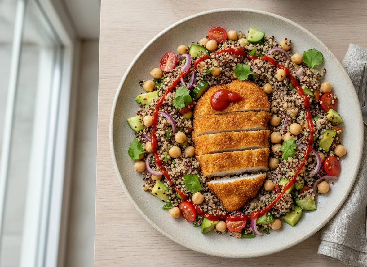 Breaded chicken with quinoa and chickpea salad photo