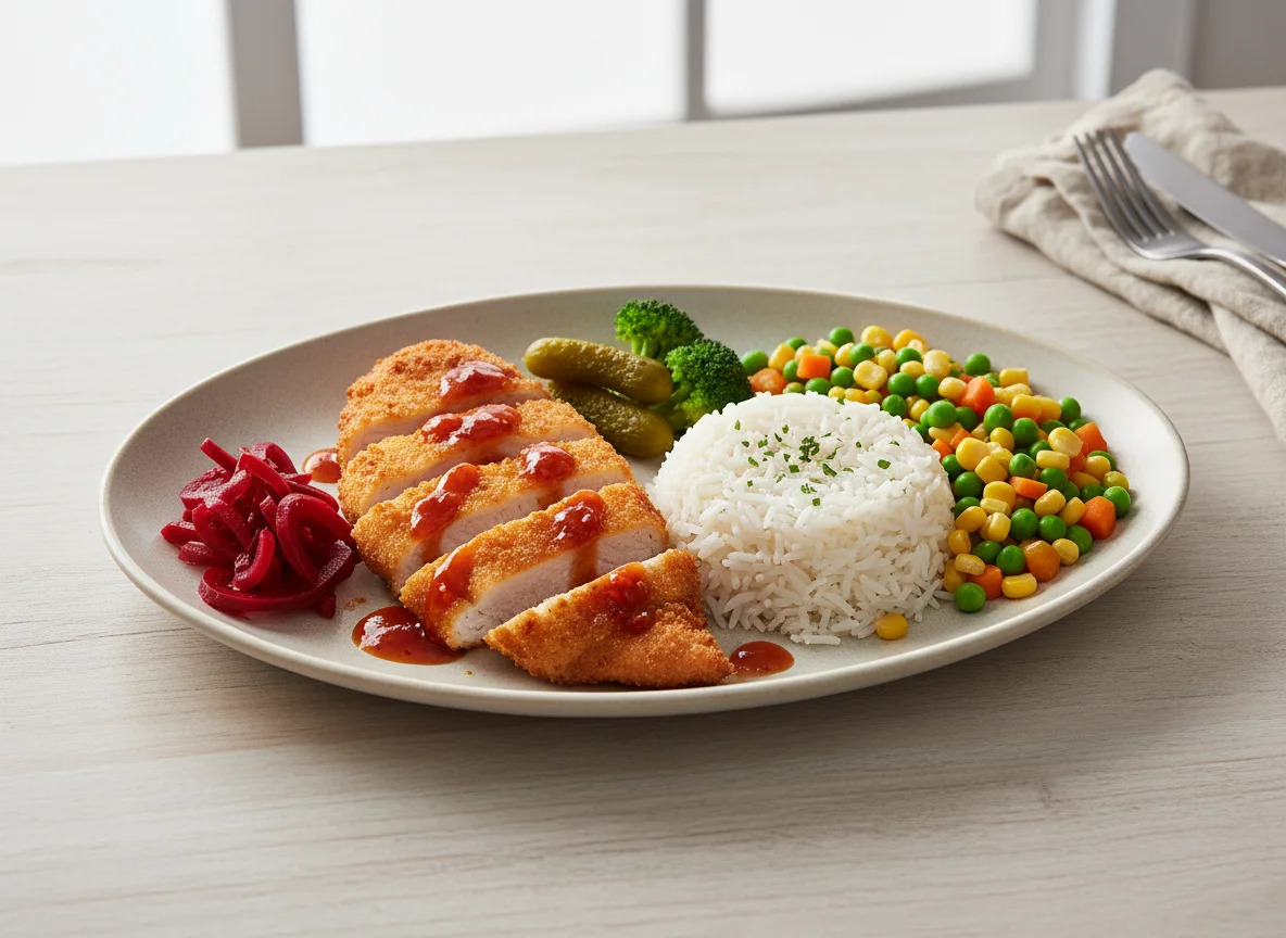 Breaded chicken with rice and mixed vegetables photo