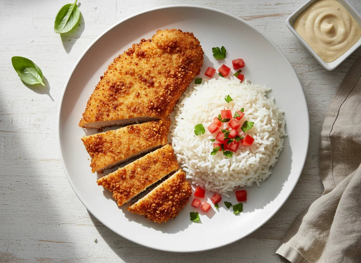 Breaded Chicken with Rice and Tomatoes photo