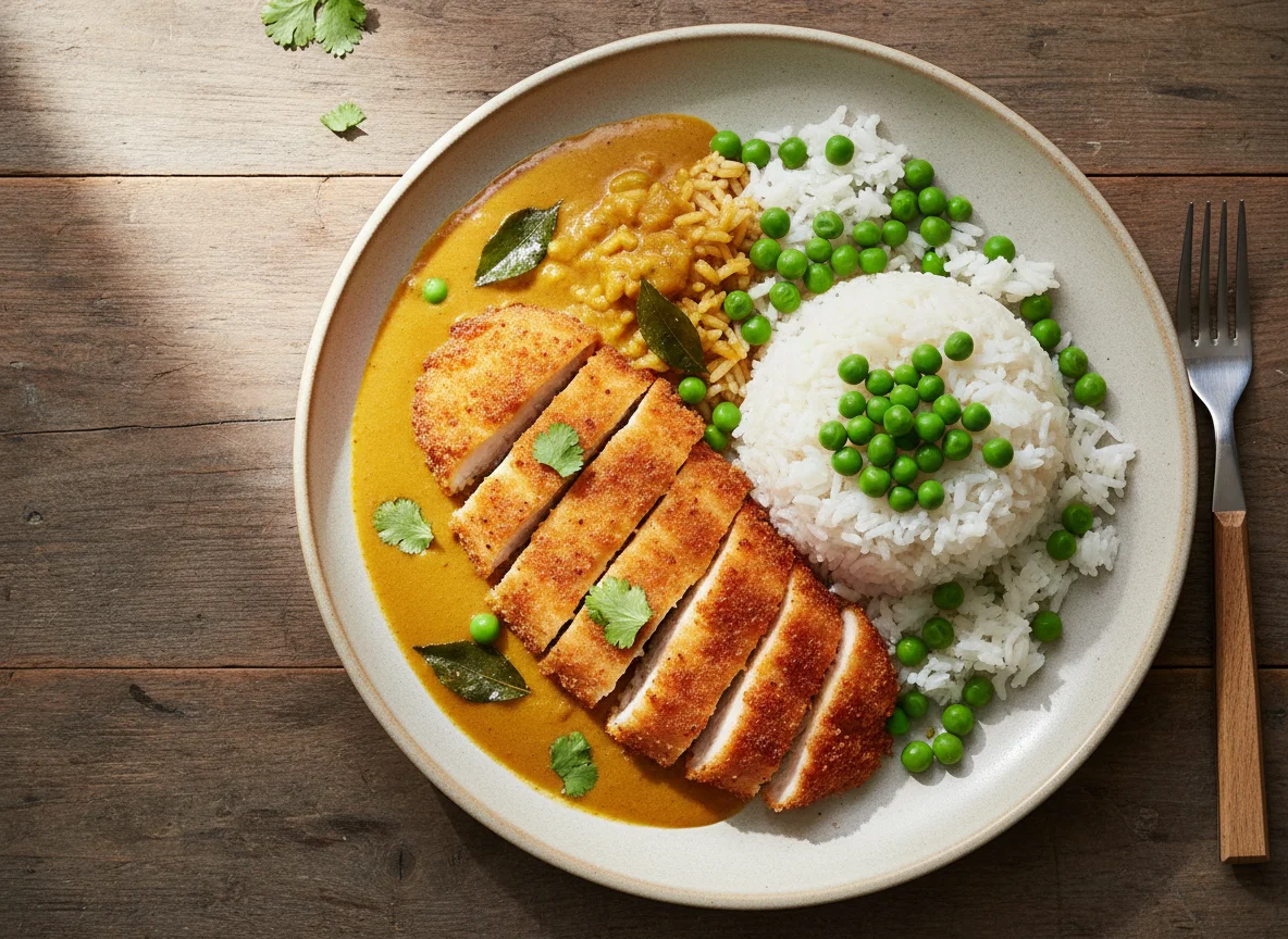 Breaded Chicken with Rice, Peas and Curry Sauce photo