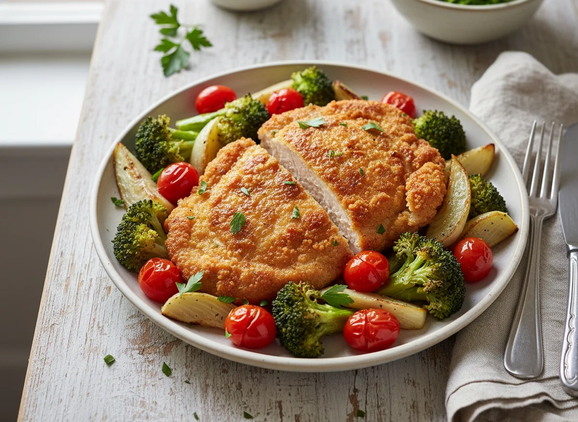 Breaded Chicken with Roasted Fennel and Broccoli photo