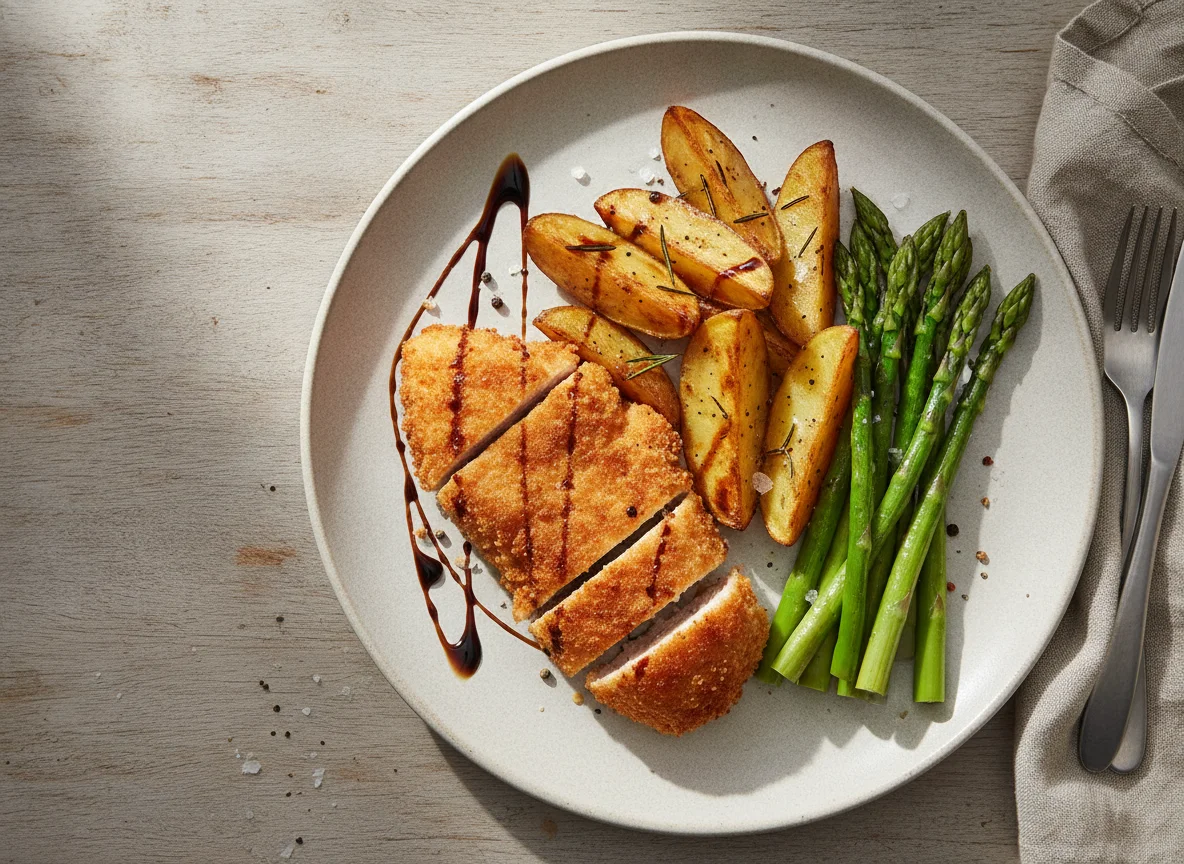 Breaded Chicken with Roasted Potatoes and Asparagus photo