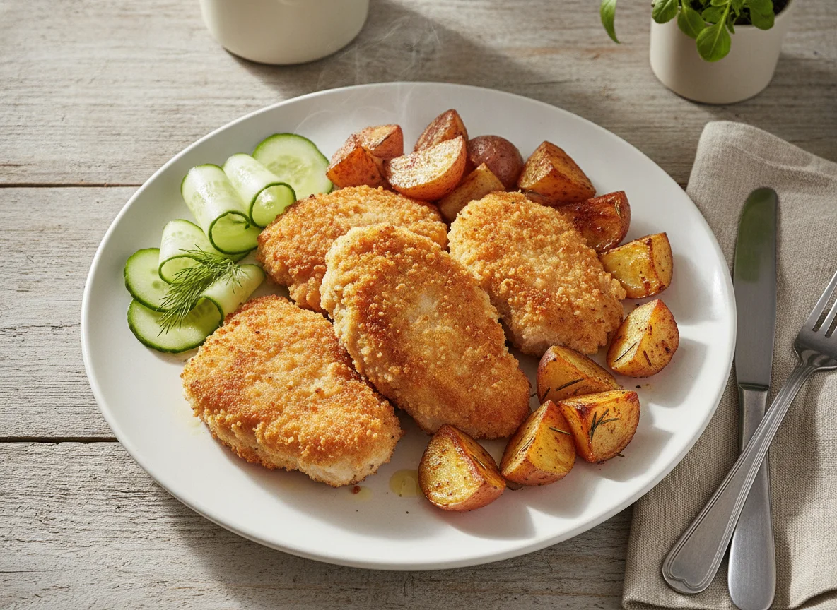 Breaded chicken with roasted potatoes and cucumber photo