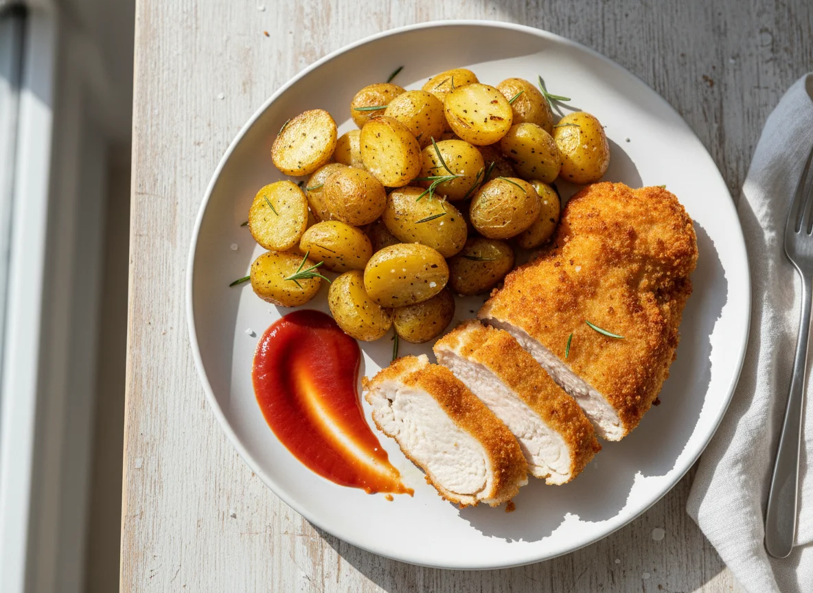 Breaded chicken with roasted potatoes and ketchup photo