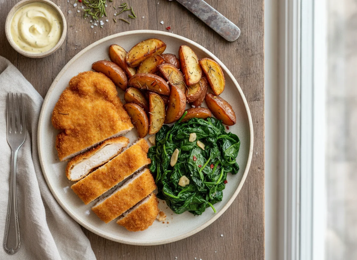 Breaded Chicken with Roasted Potatoes and Sautéed Spinach photo