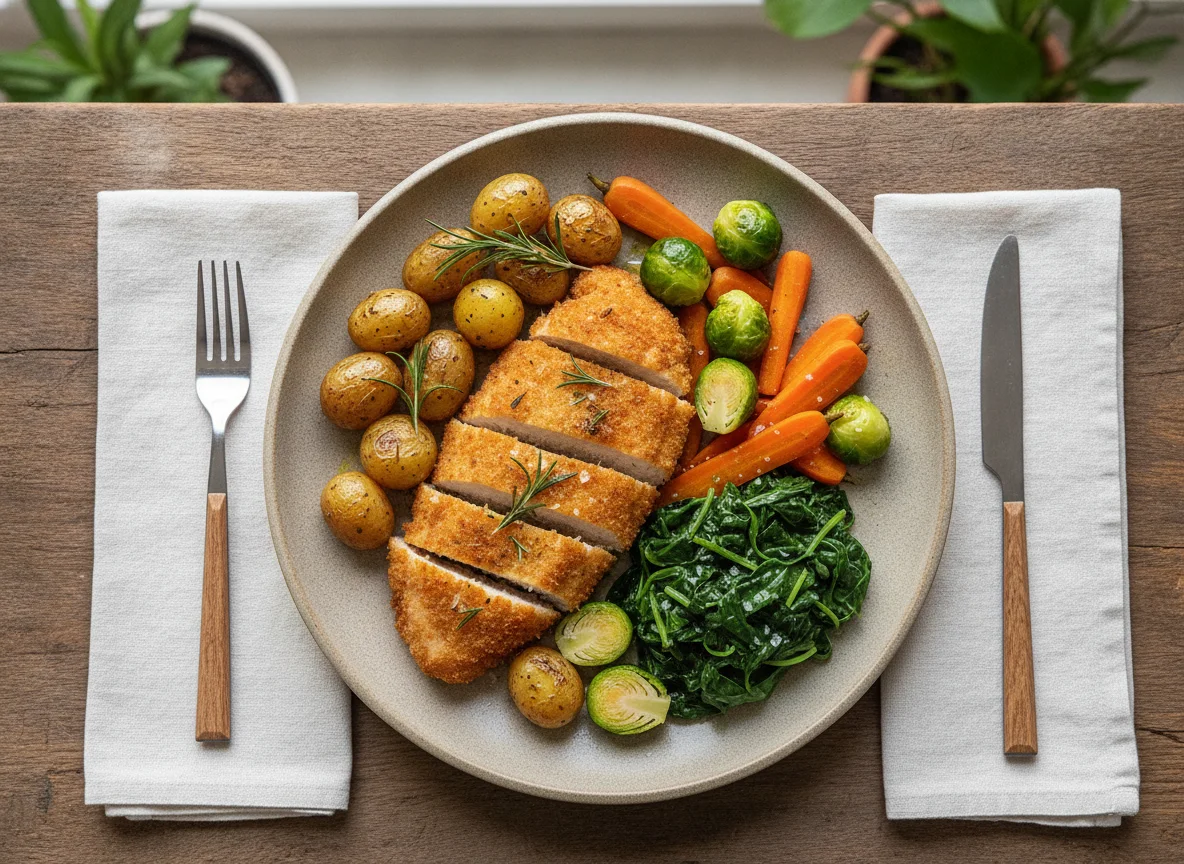 Breaded chicken with roasted potatoes and steamed vegetables photo